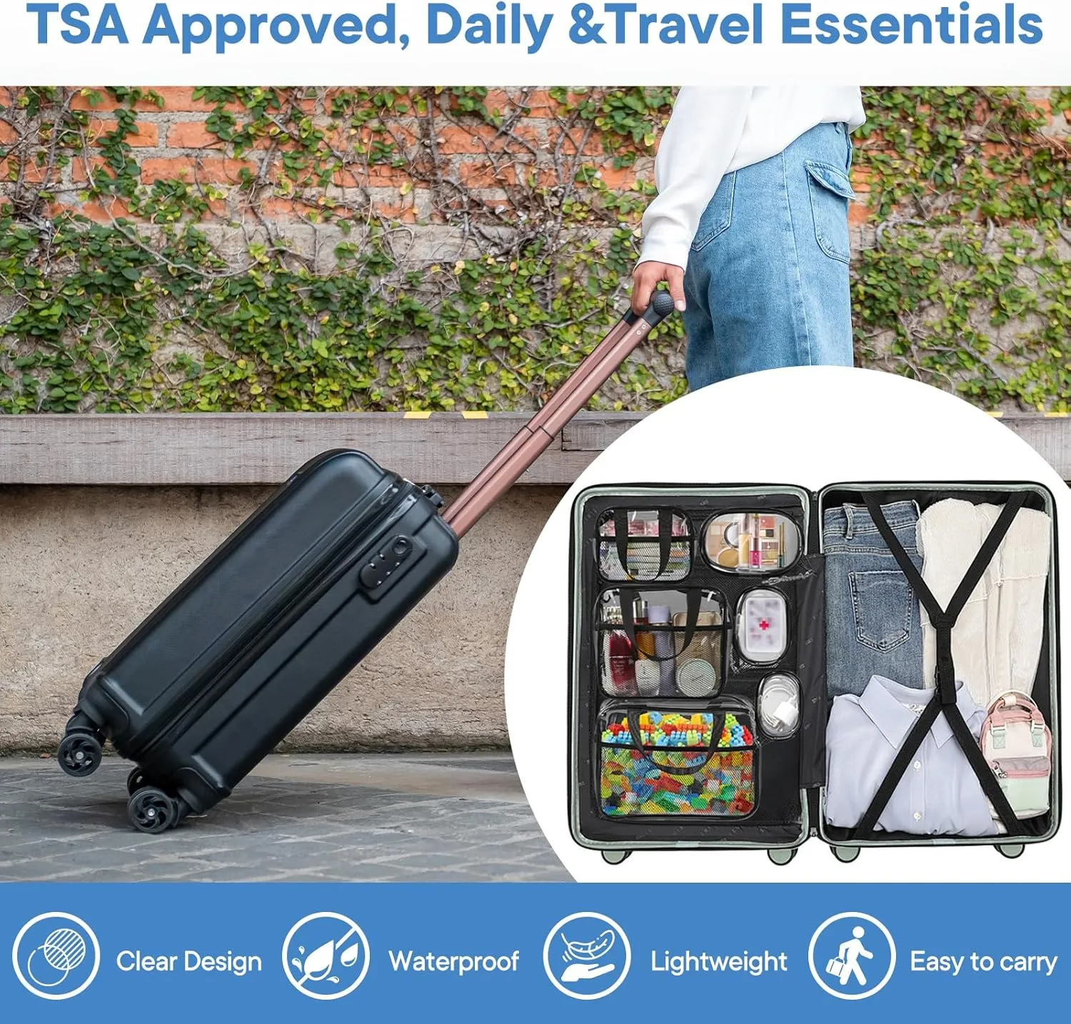 XEWEA Clear Travel Toiletry Bags & Small Electronic Accessories Organizer Case, 6 PCS TSA Approved Transparent Makeup Bag for Women Men, Waterproof PVC Quart Pouch with Zipper for Airline Essentials