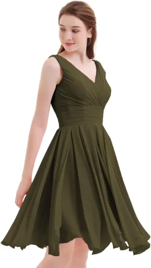 XYAYE V-Neck Ruched Short Bridesmaid Dresses for Women Knee Length Chiffon Pleated Formal Maxi Dresses with Pockets XY040
