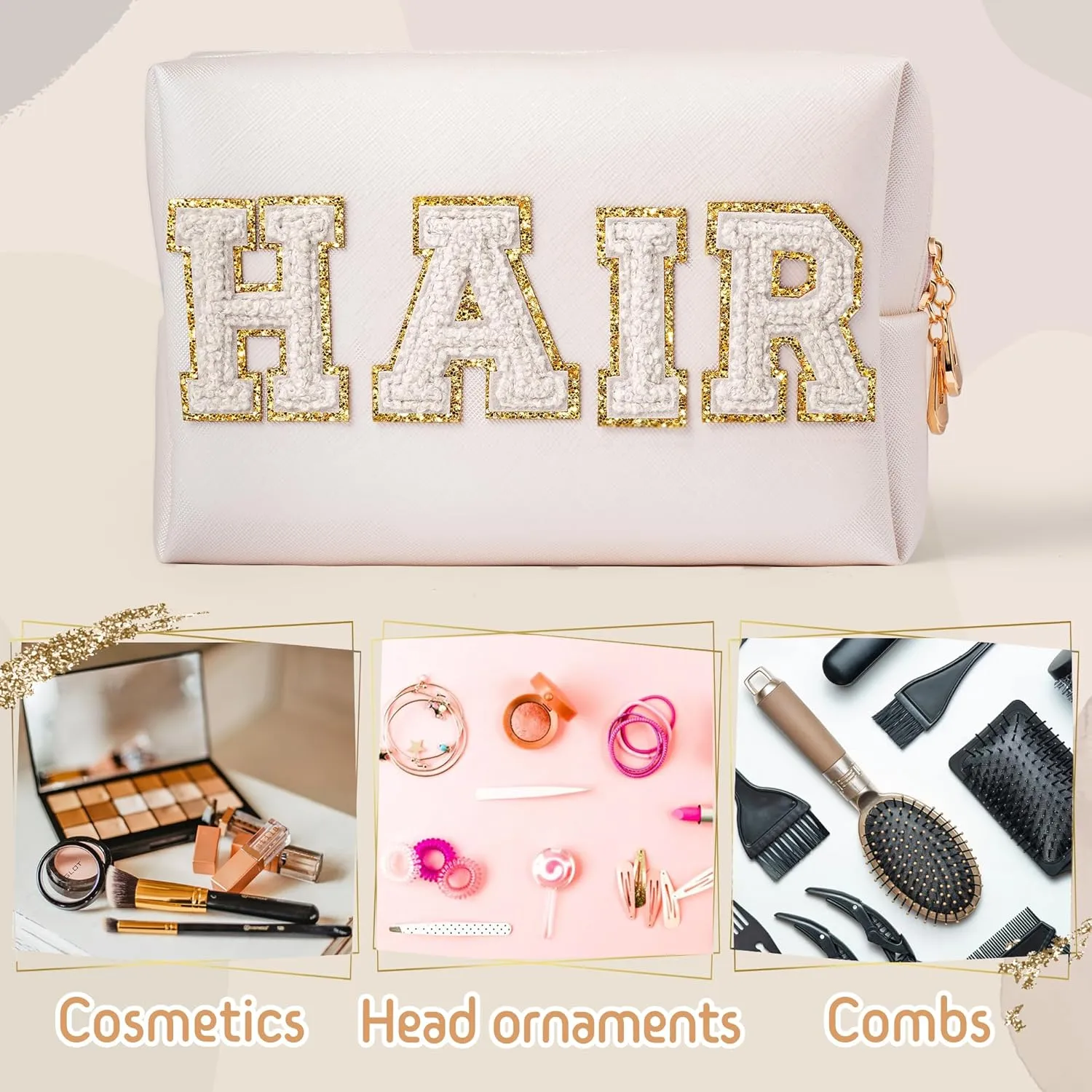 Y1tvei Preppy Patch HAIR White Chenille Letter Cosmetic Bag PU Leather Waterproof Makeup Toiletry Bag Sewn with Varsity Letter Portable Zipper Pouch Travel Organizer for Women Girls Teen(Shell Gold)