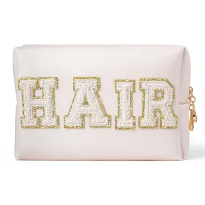 Y1tvei Preppy Patch HAIR White Chenille Letter Cosmetic Bag PU Leather Waterproof Makeup Toiletry Bag Sewn with Varsity Letter Portable Zipper Pouch Travel Organizer for Women Girls Teen(Shell Gold)