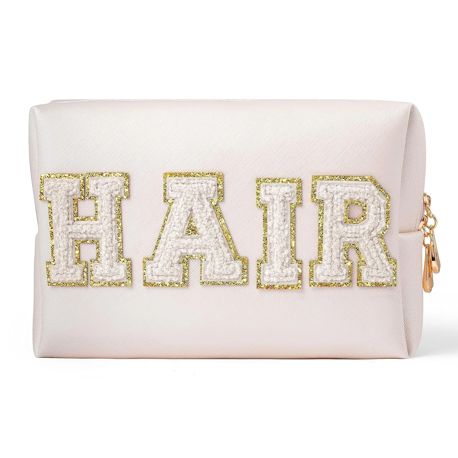 Y1tvei Preppy Patch HAIR White Chenille Letter Cosmetic Bag PU Leather Waterproof Makeup Toiletry Bag Sewn with Varsity Letter Portable Zipper Pouch Travel Organizer for Women Girls Teen(Shell Gold)