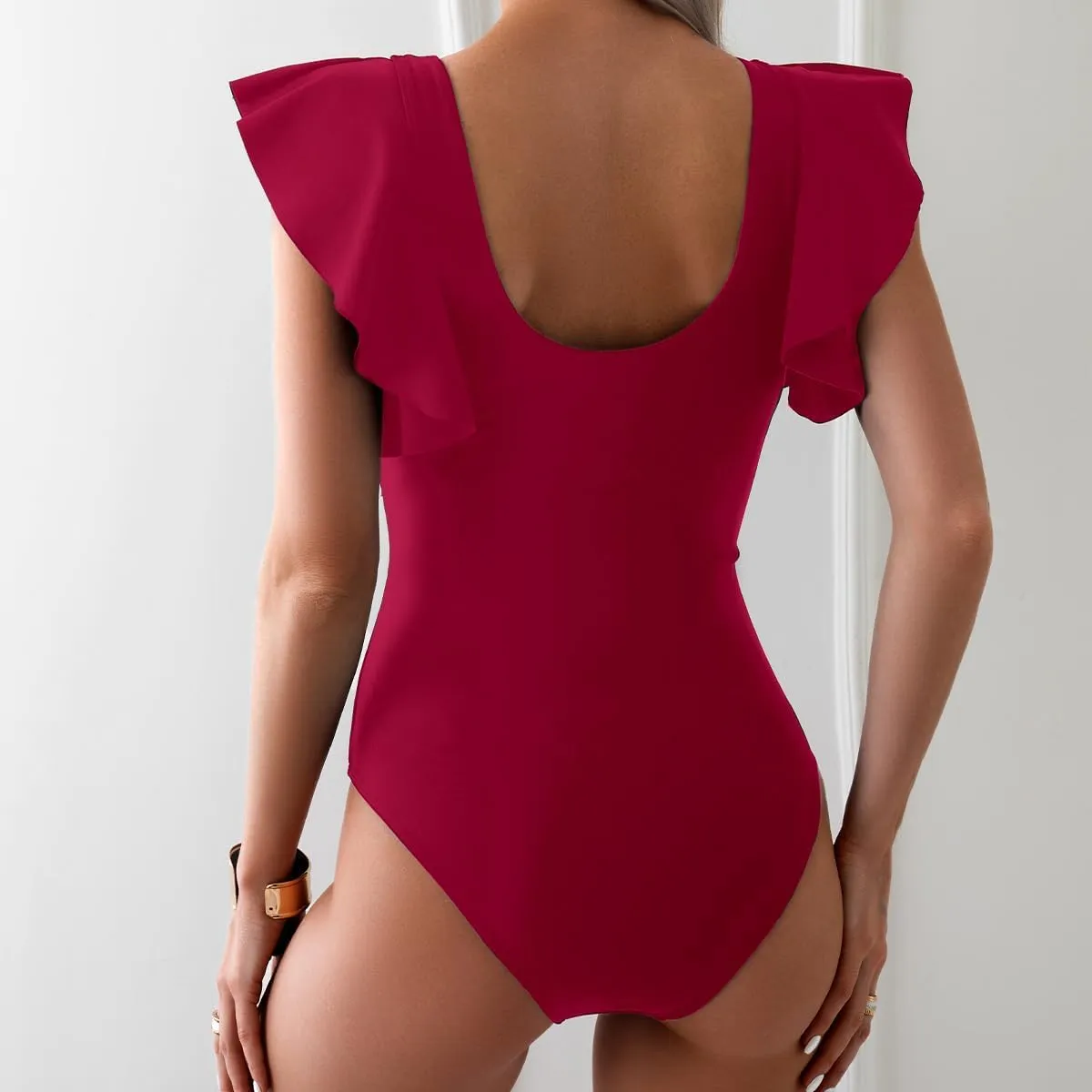 YaShaer Women's One Piece Swimsuit Bathing Suit Retro Ruffled V Neck Bathing Suits Tummy Control Swimwear