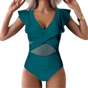 YaShaer Women's One Piece Swimsuit Bathing Suit Retro Ruffled V Neck Bathing Suits Tummy Control Swimwear