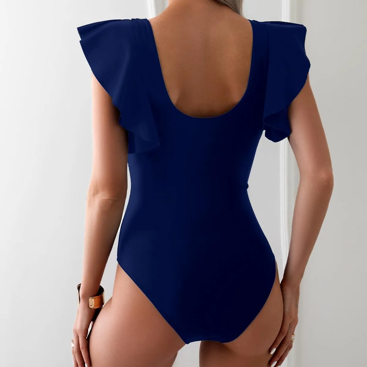 YaShaer Women's One Piece Swimsuit Bathing Suit Retro Ruffled V Neck Bathing Suits Tummy Control Swimwear