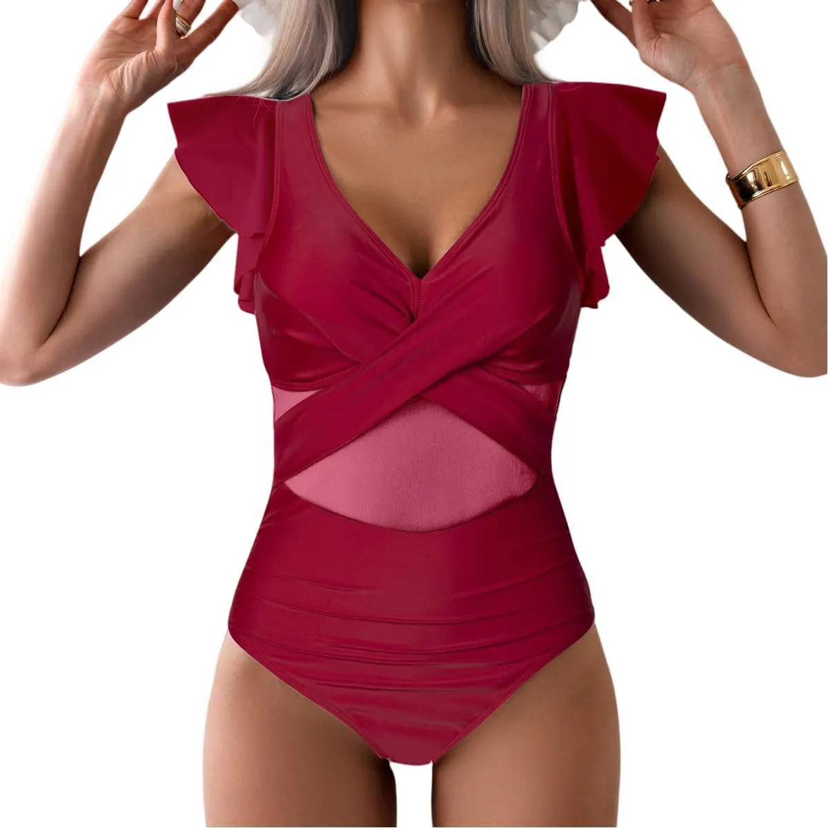 YaShaer Women's One Piece Swimsuit Bathing Suit Retro Ruffled V Neck Bathing Suits Tummy Control Swimwear