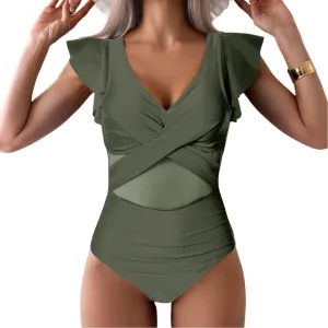YaShaer Women's One Piece Swimsuit Bathing Suit Retro Ruffled V Neck Bathing Suits Tummy Control Swimwear