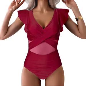 YaShaer Women's One Piece Swimsuit Bathing Suit Retro Ruffled V Neck Bathing Suits Tummy Control Swimwear