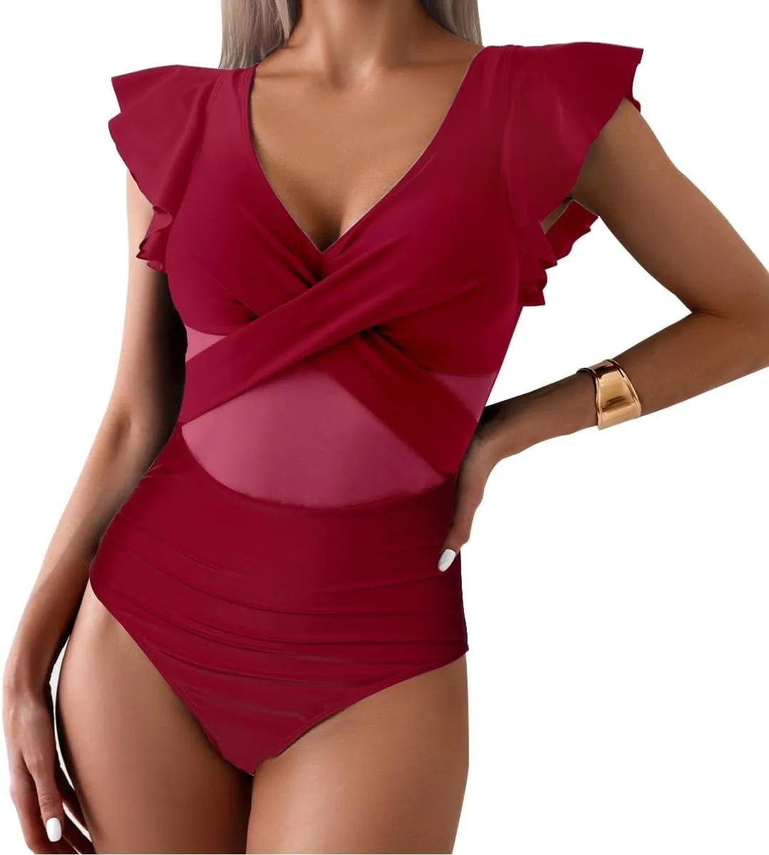 YaShaer Women's One Piece Swimsuit Bathing Suit Retro Ruffled V Neck Bathing Suits Tummy Control Swimwear