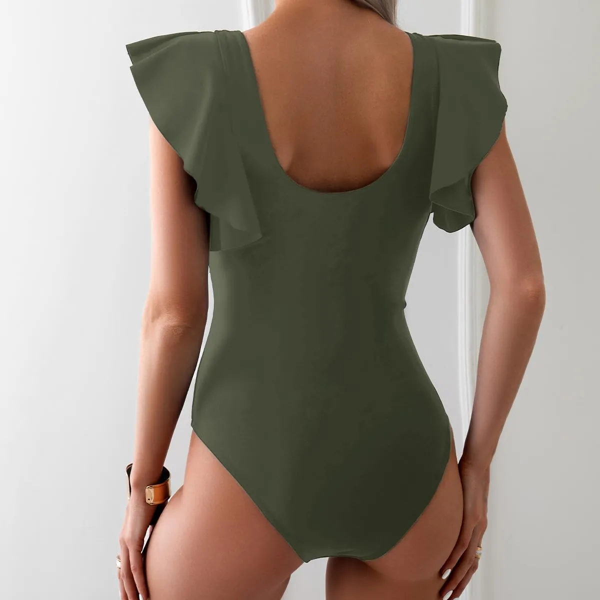 YaShaer Women's One Piece Swimsuit Bathing Suit Retro Ruffled V Neck Bathing Suits Tummy Control Swimwear