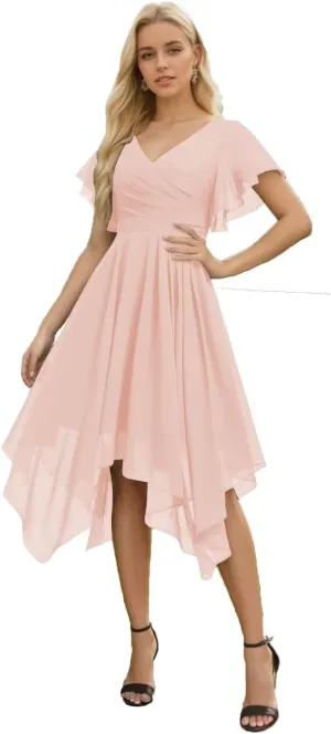YAUTKA Knee Length Bridesmaid Dresses for Wedding Chiffon Formal Dresses for Women 2024 with Short Flutter Sleeve
