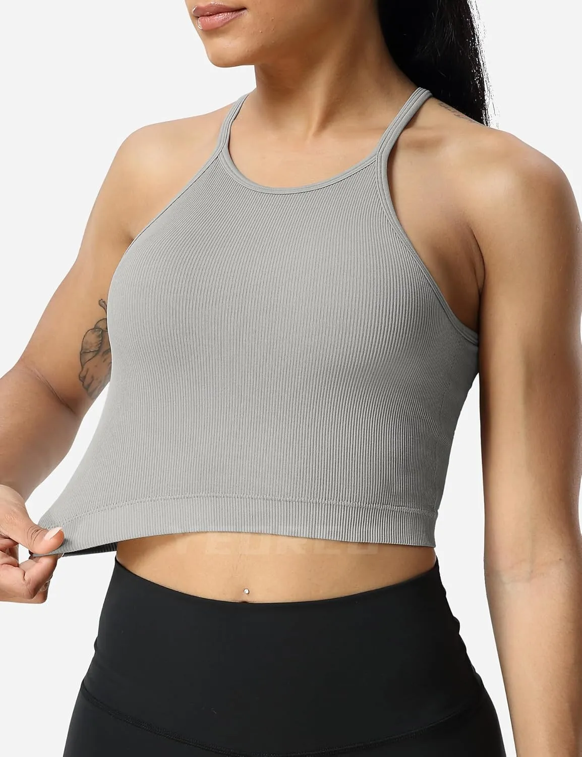 YEOREO Sports Bras for Women Ribbed Backless Halter Workout Tank Tops Sleeveless Padded Janelle Yoga Crop Top Camisole