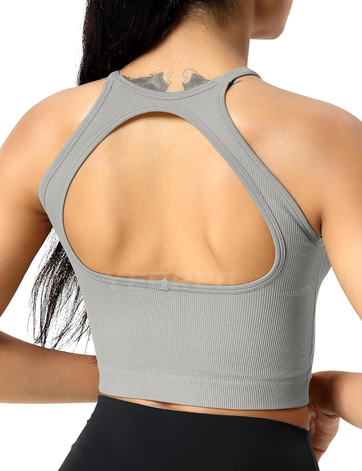 YEOREO Sports Bras for Women Ribbed Backless Halter Workout Tank Tops Sleeveless Padded Janelle Yoga Crop Top Camisole