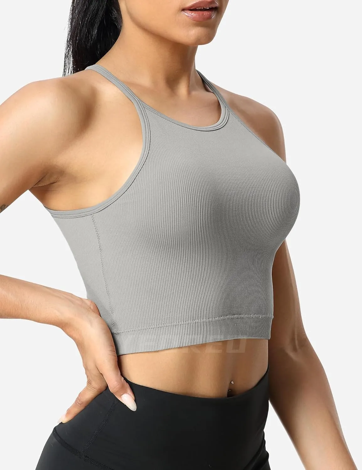 YEOREO Sports Bras for Women Ribbed Backless Halter Workout Tank Tops Sleeveless Padded Janelle Yoga Crop Top Camisole