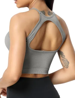 YEOREO Sports Bras for Women Ribbed Backless Halter Workout Tank Tops Sleeveless Padded Janelle Yoga Crop Top Camisole