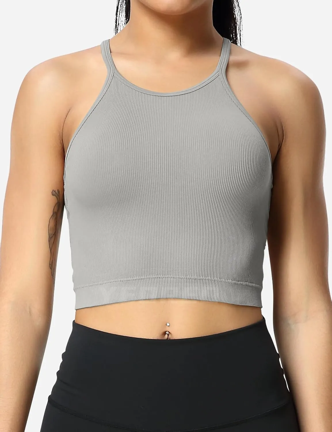 YEOREO Sports Bras for Women Ribbed Backless Halter Workout Tank Tops Sleeveless Padded Janelle Yoga Crop Top Camisole