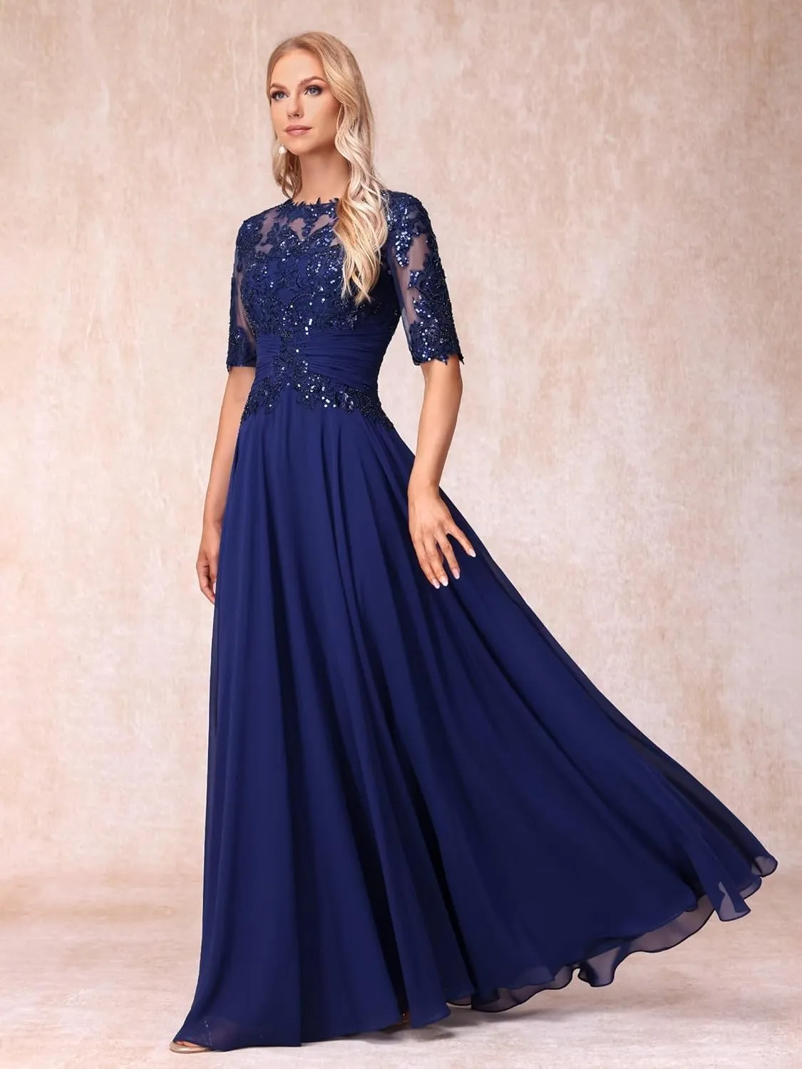 YOFF Sequin Lace Mother of The Bride Dresses Short Sleeves Long Appliques Beaded Formal Evening Prom Dress YO180