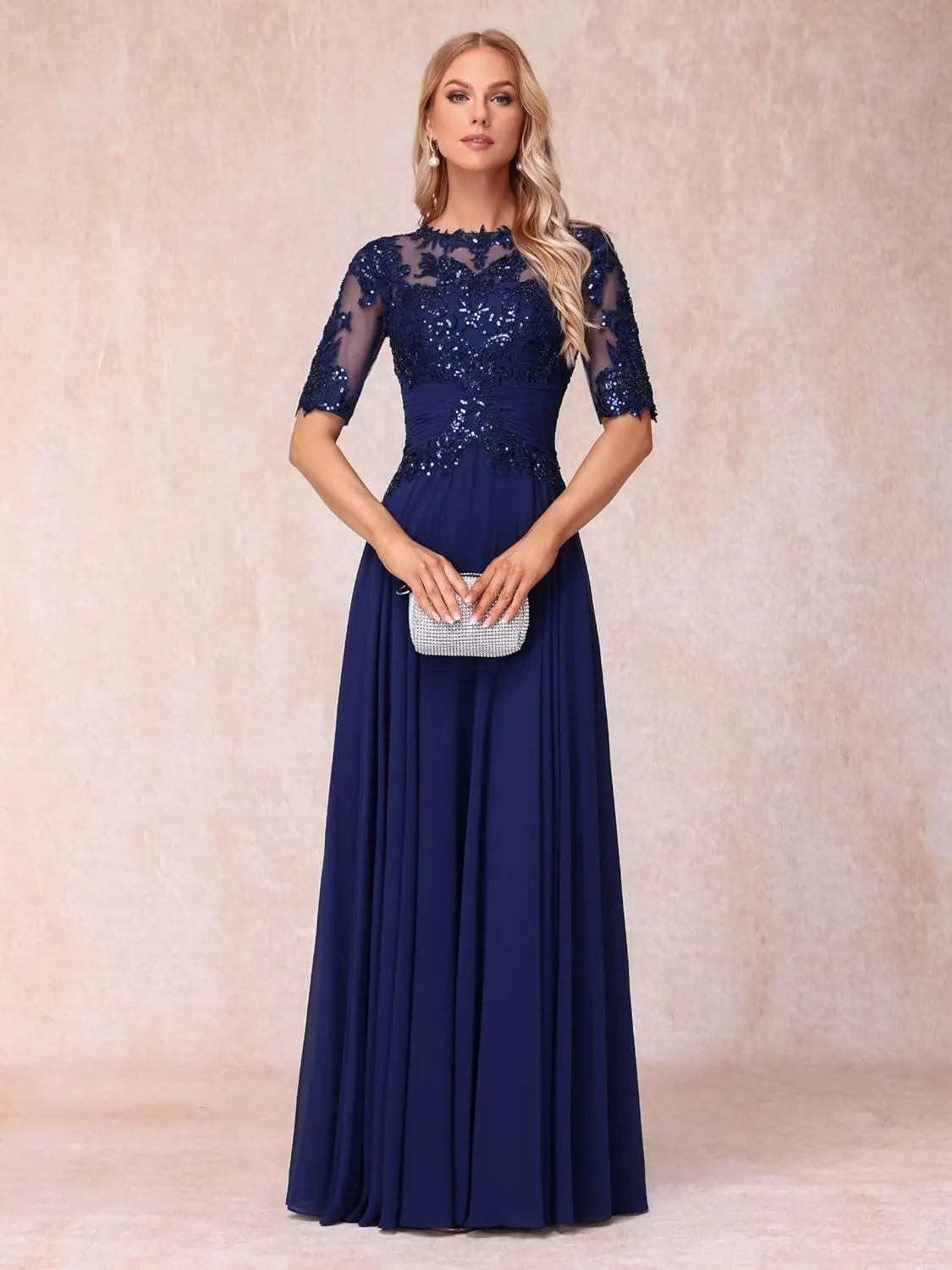 YOFF Sequin Lace Mother of The Bride Dresses Short Sleeves Long Appliques Beaded Formal Evening Prom Dress YO180