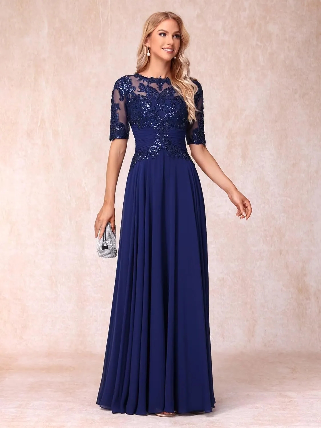 YOFF Sequin Lace Mother of The Bride Dresses Short Sleeves Long Appliques Beaded Formal Evening Prom Dress YO180