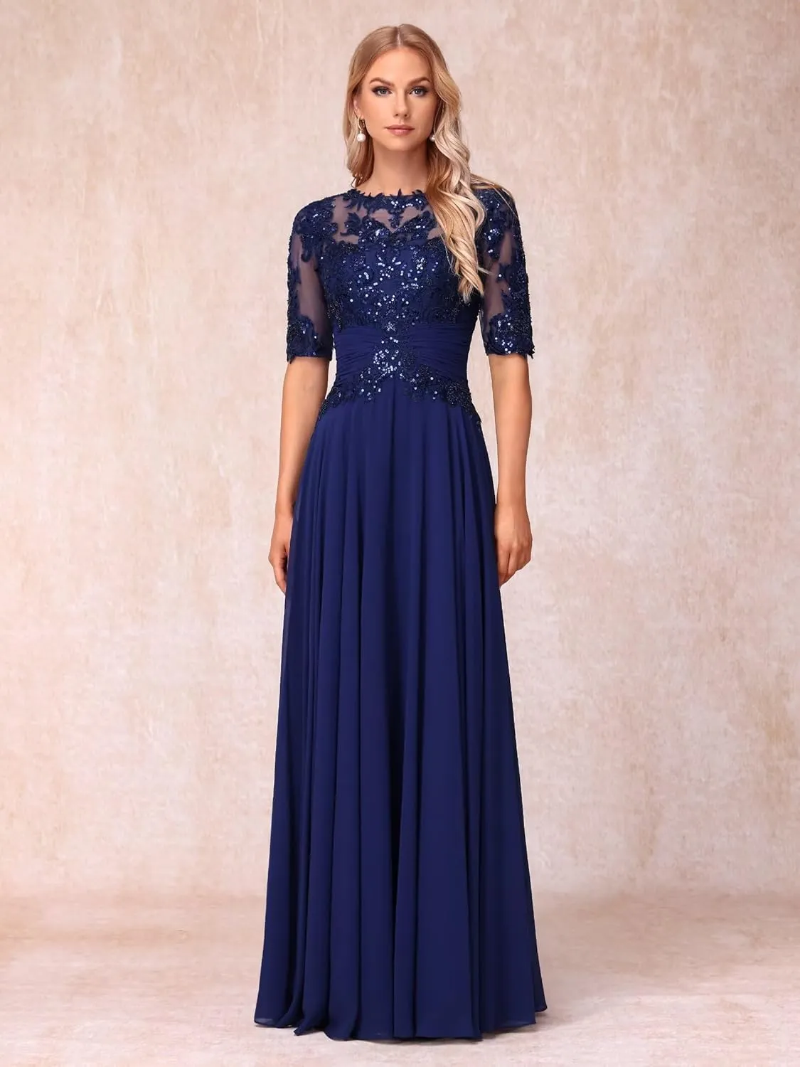 YOFF Sequin Lace Mother of The Bride Dresses Short Sleeves Long Appliques Beaded Formal Evening Prom Dress YO180