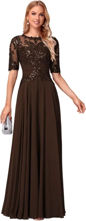YOFF Sequin Lace Mother of The Bride Dresses Short Sleeves Long Appliques Beaded Formal Evening Prom Dress YO180