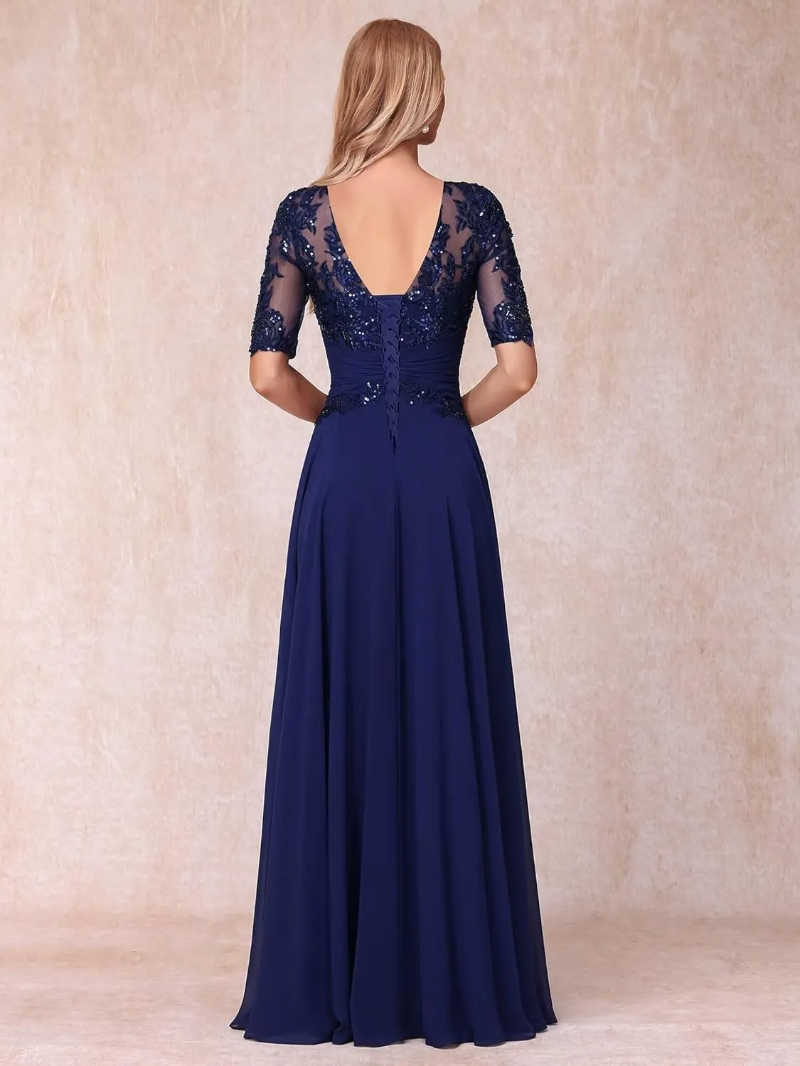 YOFF Sequin Lace Mother of The Bride Dresses Short Sleeves Long Appliques Beaded Formal Evening Prom Dress YO180