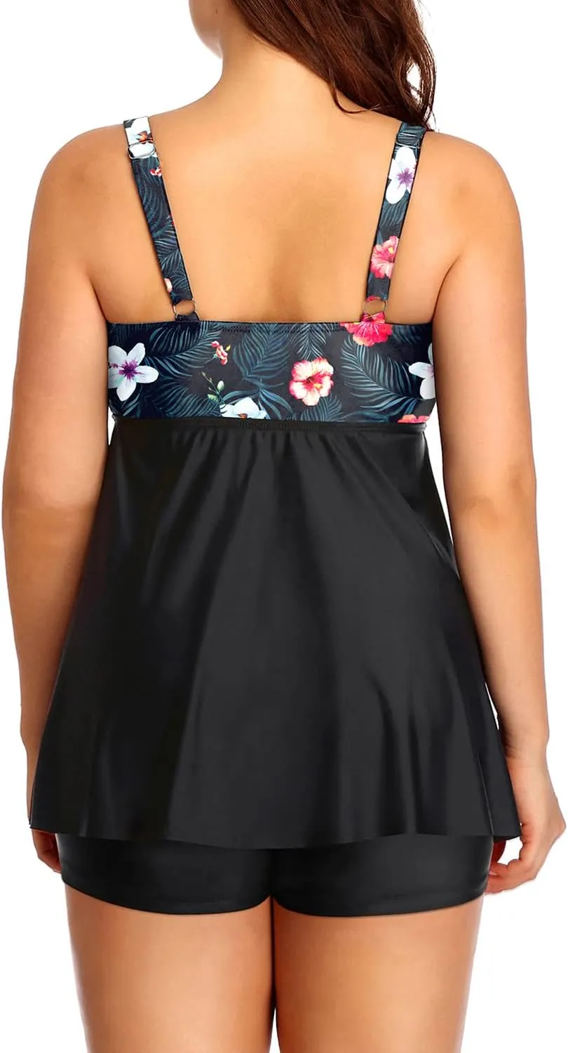 Yonique Two Piece Plus Size Tankini Swimsuits for Women Flowy Bathing Suits with Shorts Tummy Control Swimwear