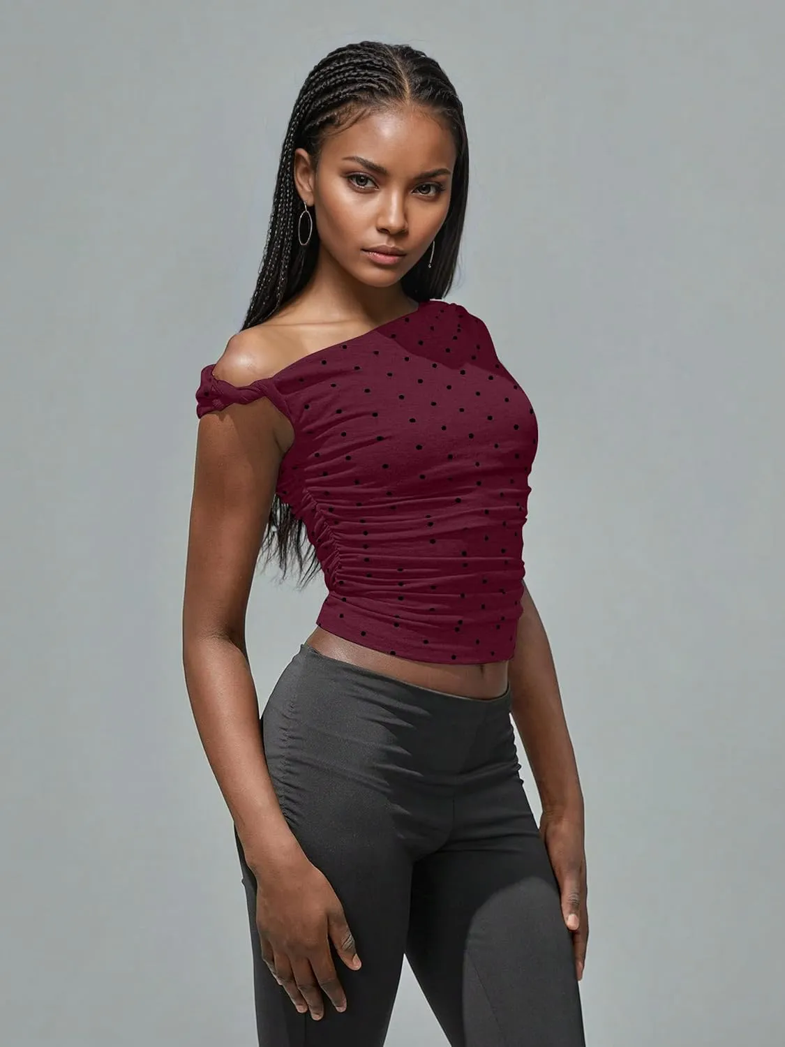 Ythomm Womens Polka Dot One Off Shoulder Crop Tank Tops Asymmetrical Neck Side Ruched Sleeveless Tops Going Out Casual Shirts