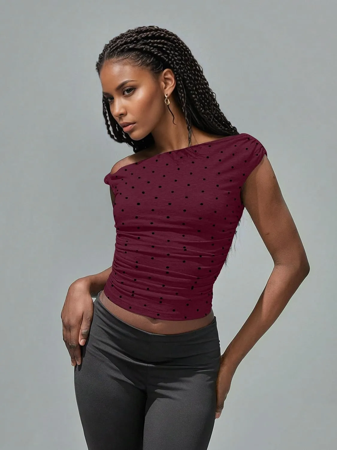 Ythomm Womens Polka Dot One Off Shoulder Crop Tank Tops Asymmetrical Neck Side Ruched Sleeveless Tops Going Out Casual Shirts