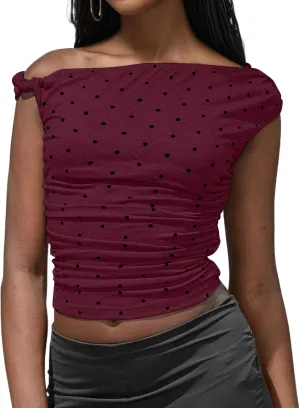Ythomm Womens Polka Dot One Off Shoulder Crop Tank Tops Asymmetrical Neck Side Ruched Sleeveless Tops Going Out Casual Shirts
