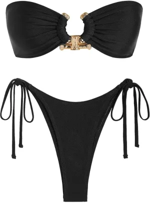 ZAFUL Women's Bandeau Bikini Shiny Metal Ring Decor Lace Up Tied Side High Cut Strapless Swimsuit