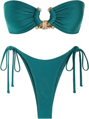 ZAFUL Women's Bandeau Bikini Shiny Metal Ring Decor Lace Up Tied Side High Cut Strapless Swimsuit