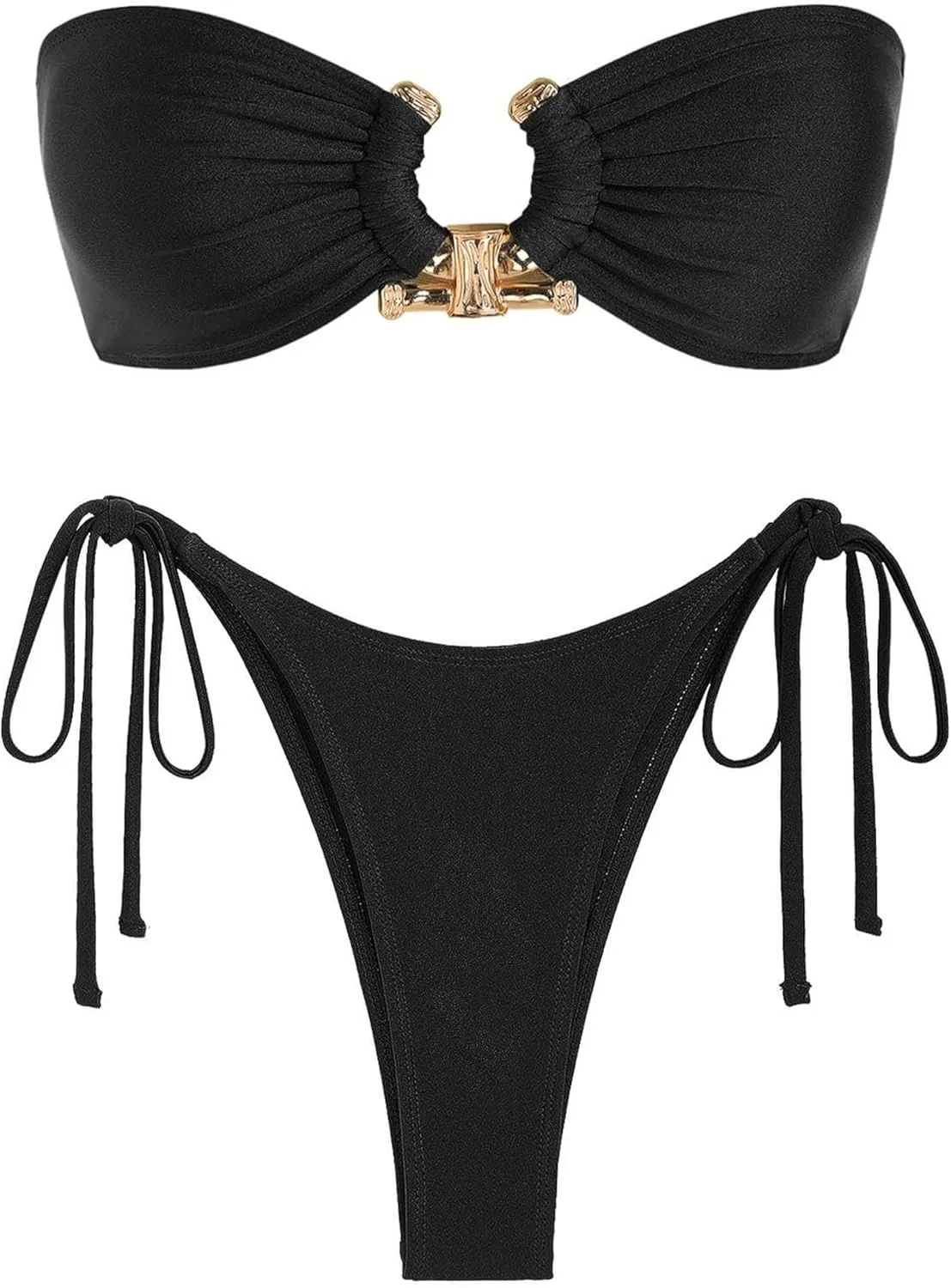 ZAFUL Women's Bandeau Bikini Shiny Metal Ring Decor Lace Up Tied Side High Cut Strapless Swimsuit