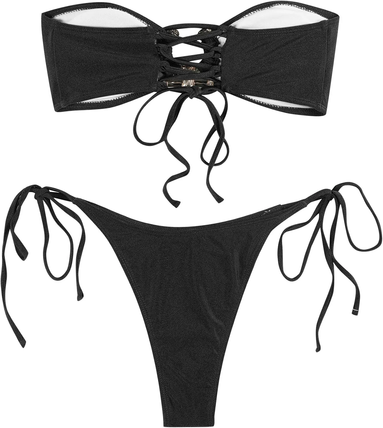 ZAFUL Women's Bandeau Bikini Shiny Metal Ring Decor Lace Up Tied Side High Cut Strapless Swimsuit