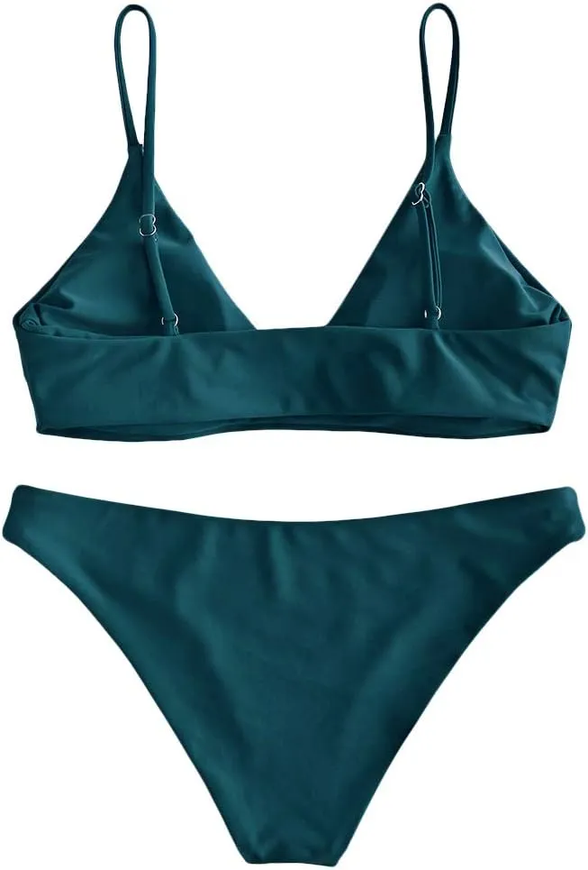 ZAFUL Women's Solid Spaghetti Strap Bralette Bikini Set Two Piece Swimsuit