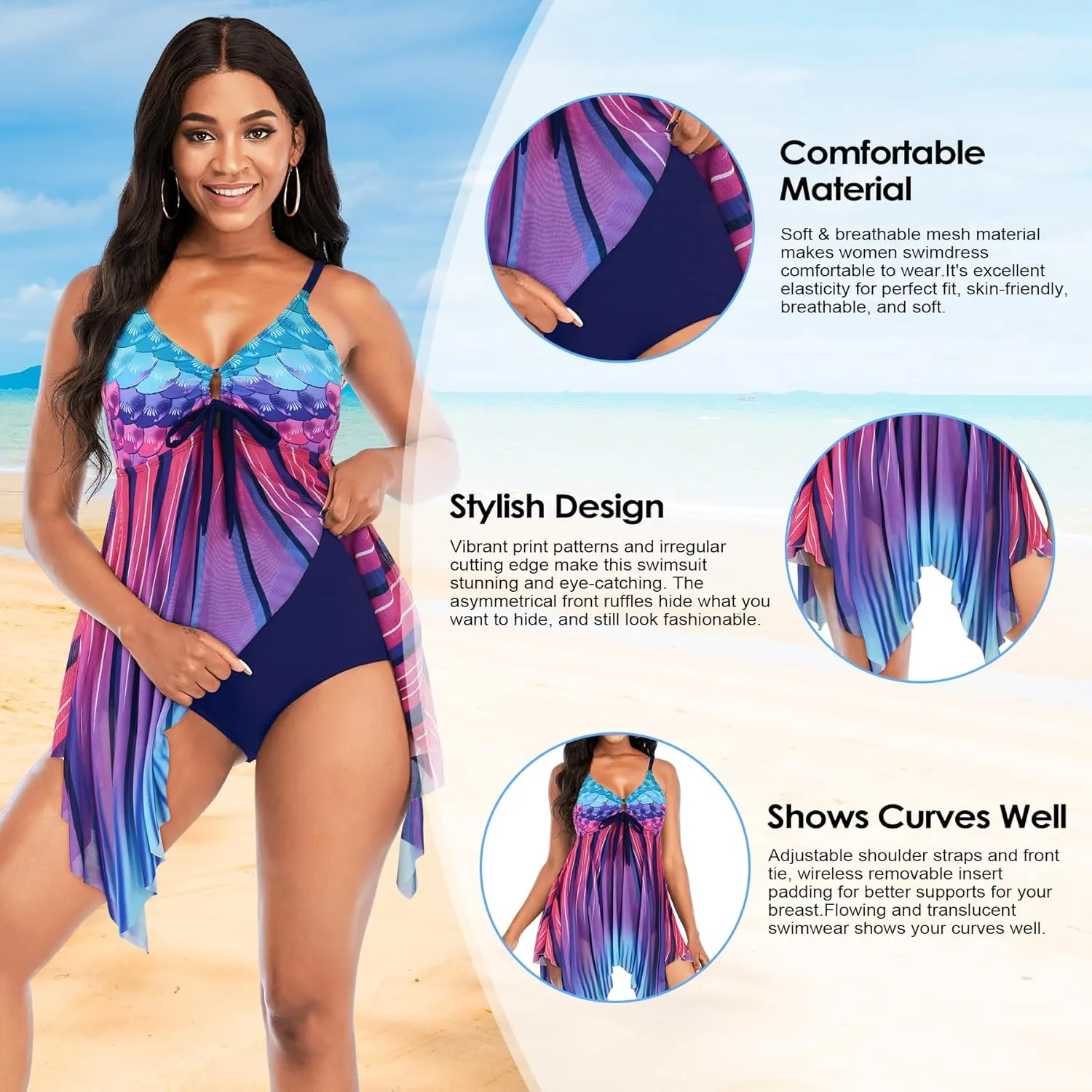 Zando Swimsuits for Women 2025 | Plus Size Swimsuit Tummy Control Modest | Flowy Swimdress