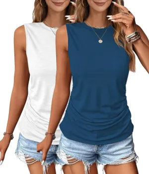 Zeagoo Womens Ruched Tank Tops Summer Dressy Casual Crewneck Sleeveless Shirts S-XXL