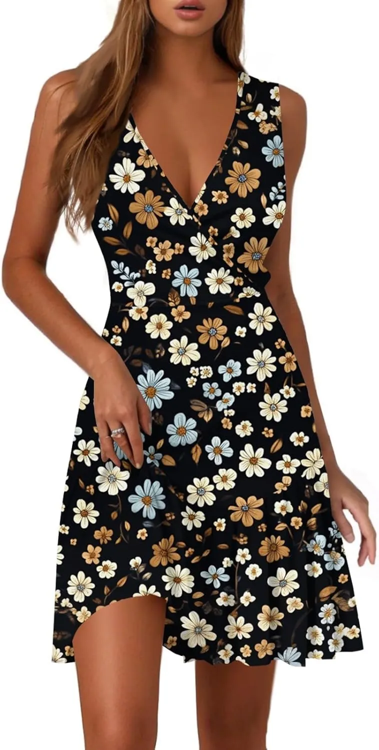 ZEFOTIM Sundresses for Women 2025 Spring Trendy Sleeveless Floral Short Dresses V Neck Pleated Hem Dresses