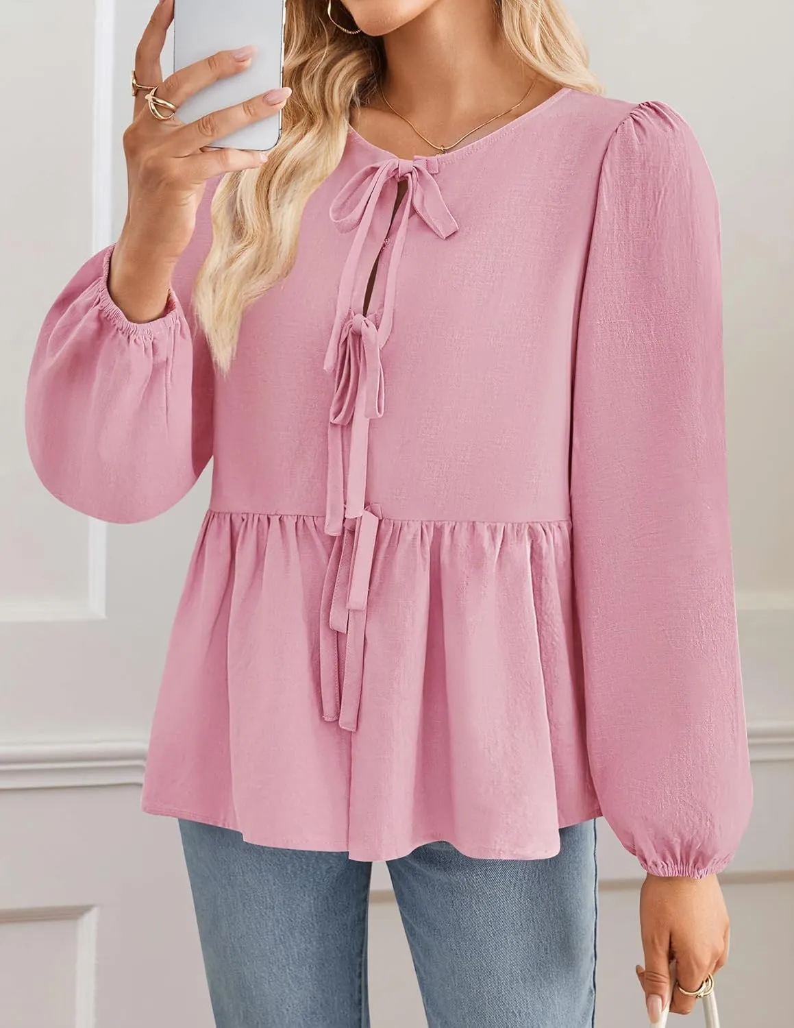 ZESICA Womens Tops Tie Front Long Puff Sleeve Button Peplum Babydoll Cute Shirts Spring Fashion Blouses