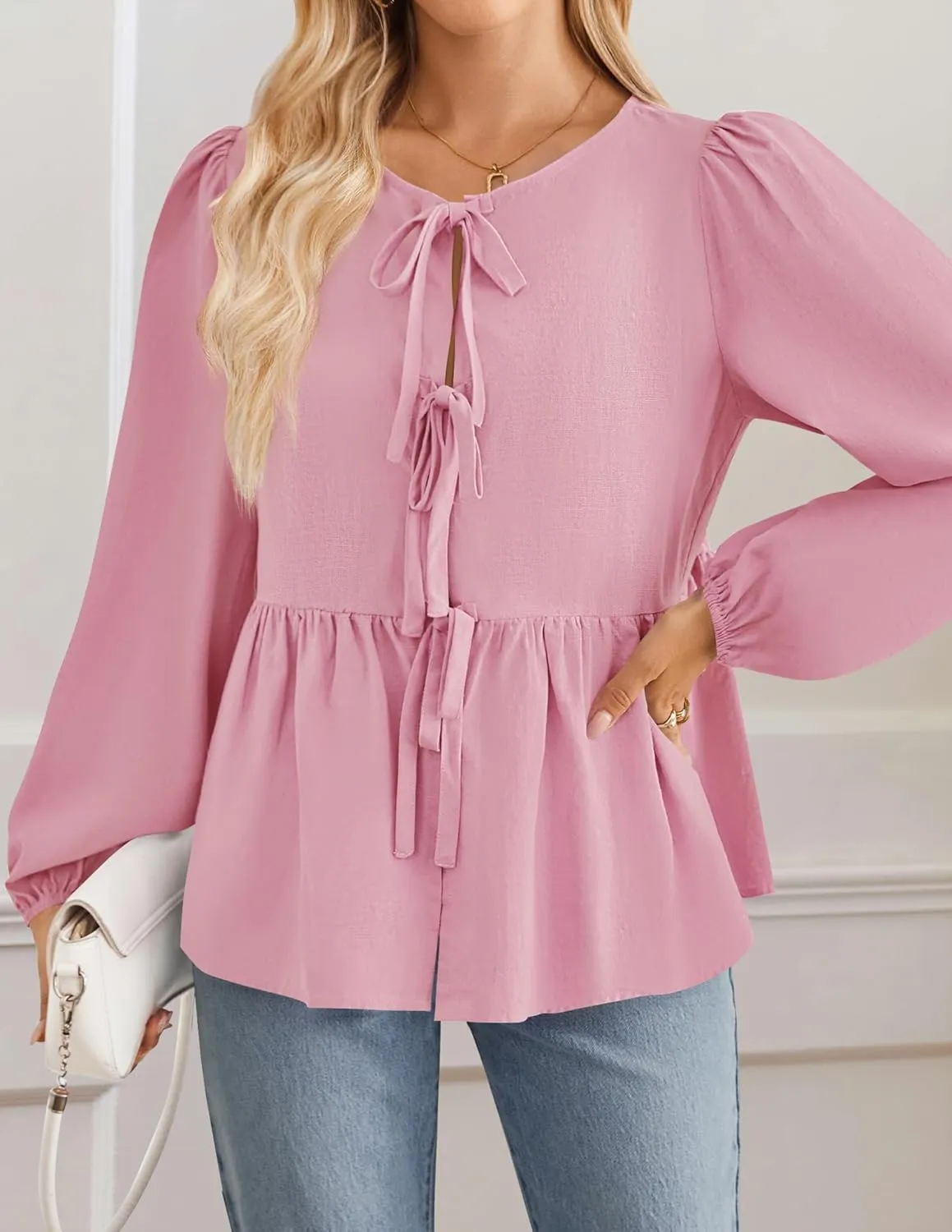 ZESICA Womens Tops Tie Front Long Puff Sleeve Button Peplum Babydoll Cute Shirts Spring Fashion Blouses