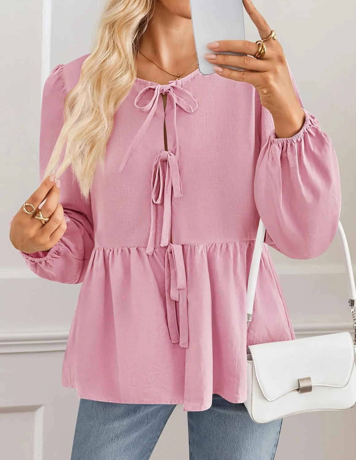 ZESICA Womens Tops Tie Front Long Puff Sleeve Button Peplum Babydoll Cute Shirts Spring Fashion Blouses