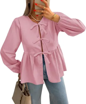 ZESICA Womens Tops Tie Front Long Puff Sleeve Button Peplum Babydoll Cute Shirts Spring Fashion Blouses