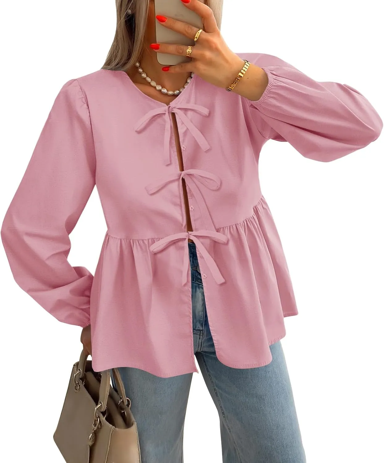 ZESICA Womens Tops Tie Front Long Puff Sleeve Button Peplum Babydoll Cute Shirts Spring Fashion Blouses