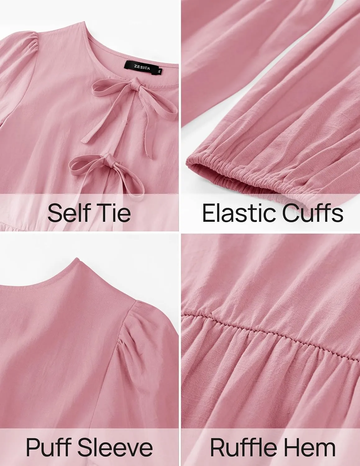 ZESICA Womens Tops Tie Front Long Puff Sleeve Button Peplum Babydoll Cute Shirts Spring Fashion Blouses